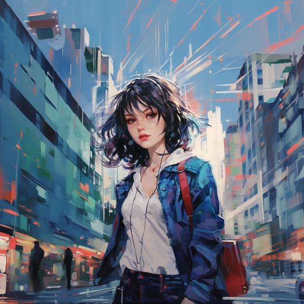 anime girl in a city with a backpack and a backpack generative ai