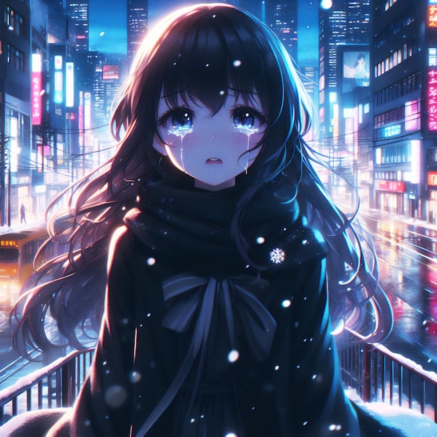 Девушка из аниме плачет в темной одежде в городе, где ночью идет снег.
