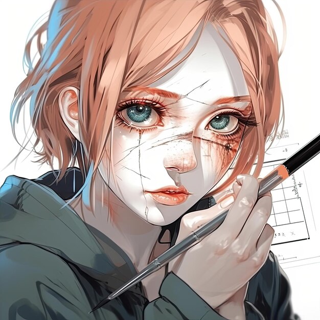 Anime girl drawing with a pencil Generative AI