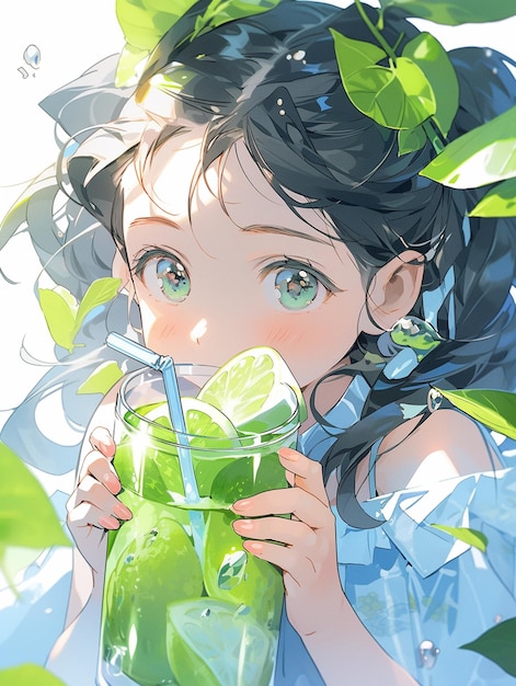 Premium AI Image  Anime girl drinking a drink with a straw and a