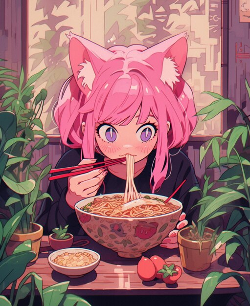 Anime girl eating noodles with a cat ears headband generative ai