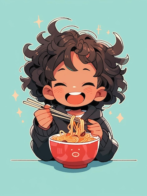 anime girl eating noodles with chopsticks and a bowl of noodles generative ai