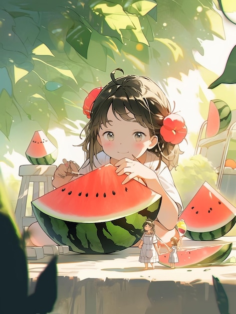 Anime girl eating a slice of watermelon on a bench generative ai