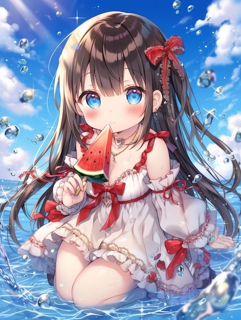 Anime girl eating a slice of watermelon in the ocean generative ai