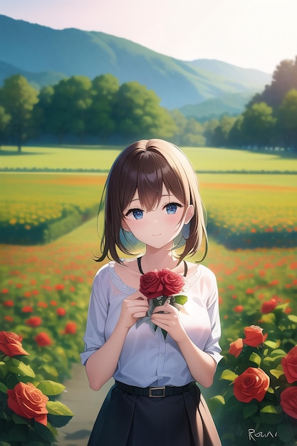 Anime girl in a field of flowers