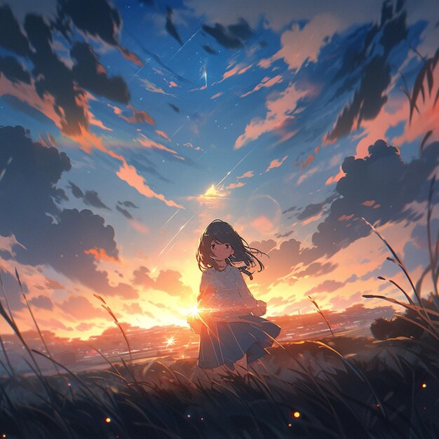 Anime girl in a field looking at the sunset generative ai