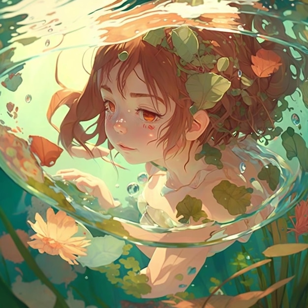 Anime girl in a flowered dress floating in a pond generative ai