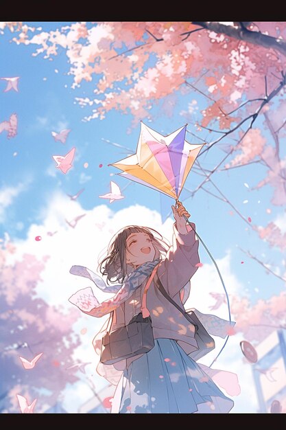 Anime girl flying a kite in the air with a tree in the background generative ai