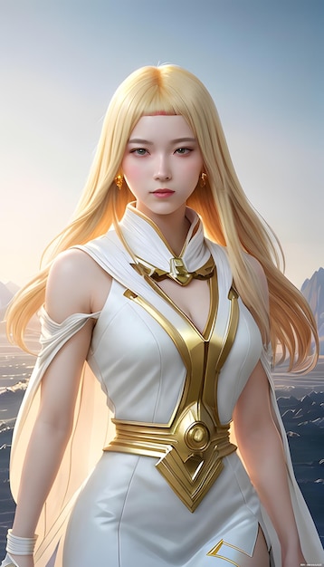 anime girl of the future light gold hair splendid white artistic art deco dress