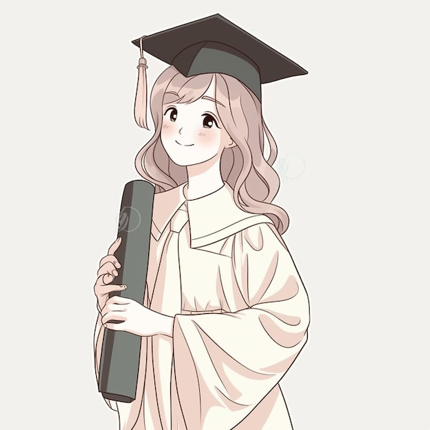 卒業式のドレスを着たアニメの女の子が卒業証書と本を持っています