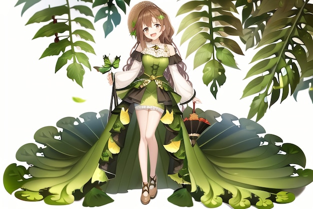 Premium AI Image | Anime girl in a green dress with a bag of leaves