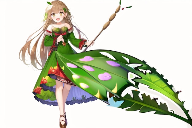 Anime girl in a green dress with a feather and a flower on her skirt