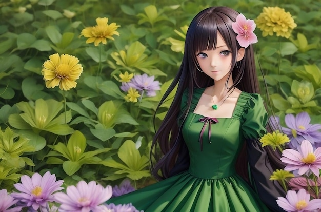 Anime girl in a green dress with a flower