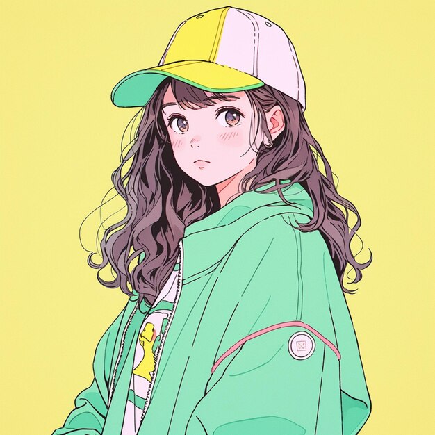 Anime girl in a green jacket and a yellow hat generative ai