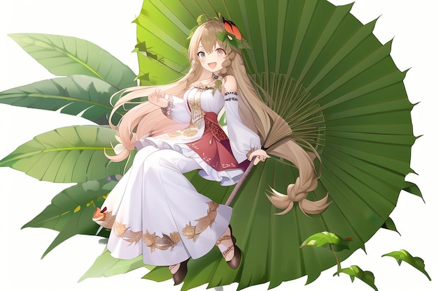 Anime girl on a green leaf