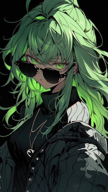 an anime girl in green with sunglasses