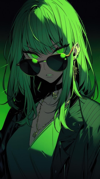 an anime girl in green with sunglasses