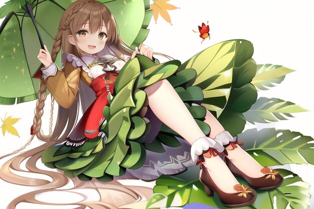 Anime girl on the ground with leaves and butterflies