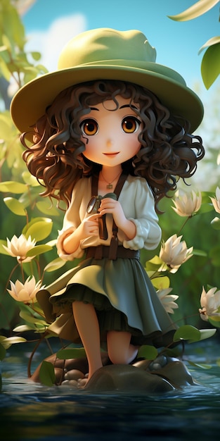 Anime girl in a hat and dress sitting on a rock in a pond generative ai
