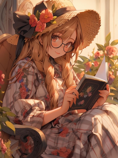 Anime girl in a hat and glasses reading a book generative ai