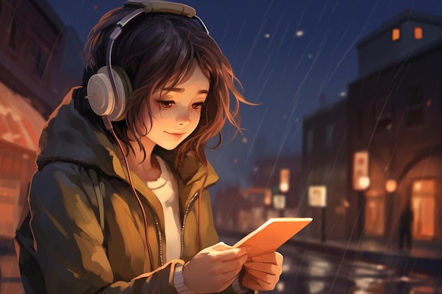 Anime girl in headphones looking at her phone in the rain generative ai