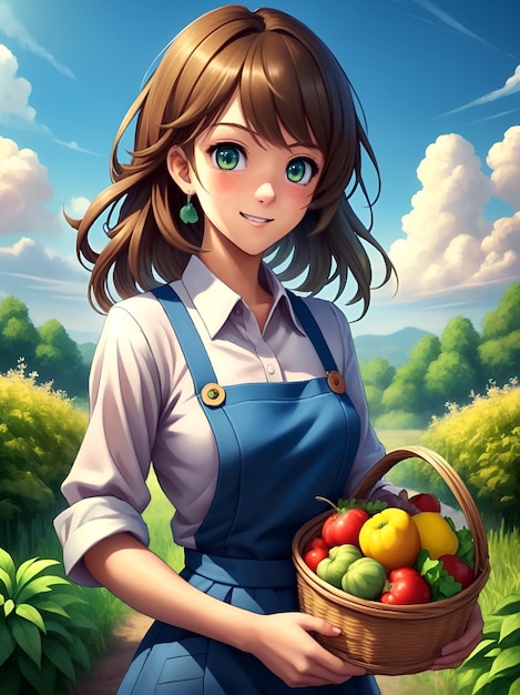 Аниме девушка с корзиной с различными фруктами и овощами изображения с искусственным интеллектом