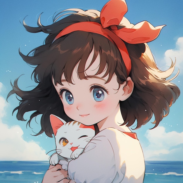 Photo anime girl holding a cat on the beach with a blue sky in the background generative ai