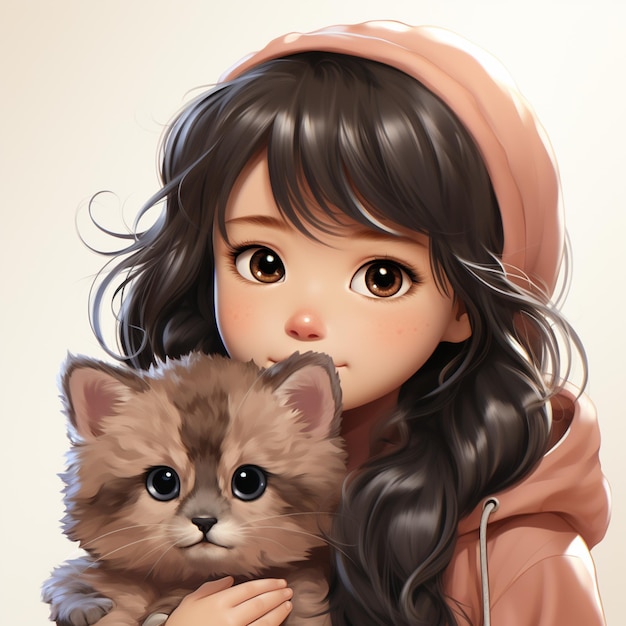 Anime girl holding a cat with a hoodie on generative ai