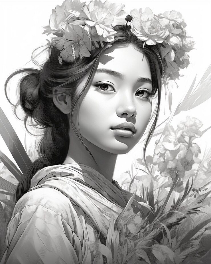 Photo アニメの女の子がに花をかぶっている