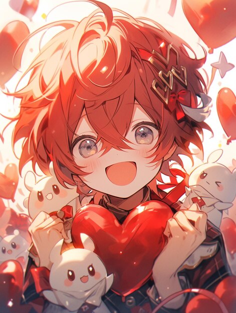 Anime girl holding a heart with many small white rabbits around her generative ai