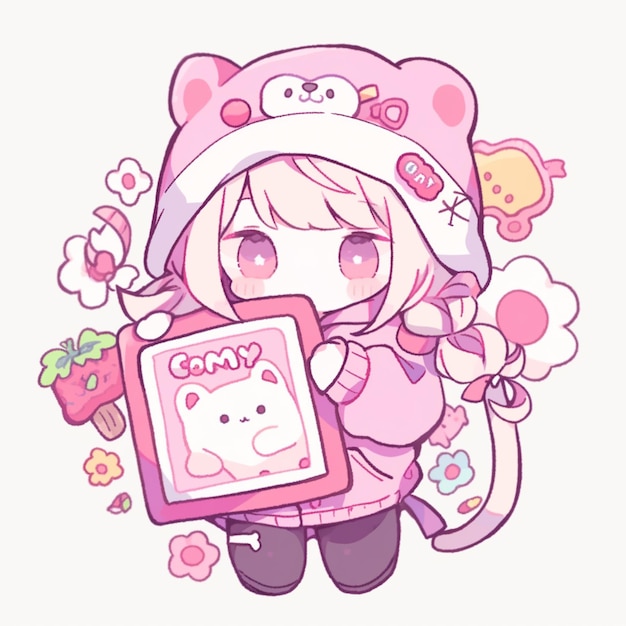 anime girl holding a picture of a cat with a pink frame generative ai