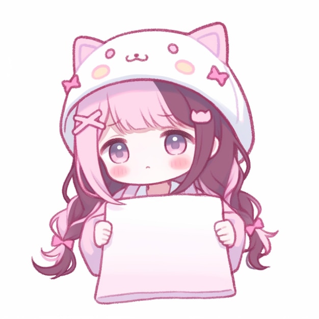 anime girl holding a sign with a cat on it generative ai