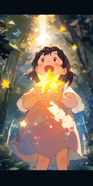 Anime girl holding a star in her hand in a forest generative ai