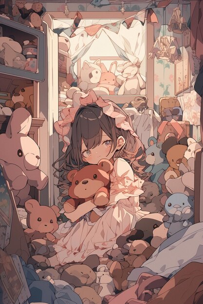 Anime girl holding a teddy bear