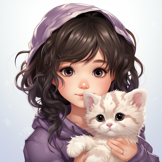 Anime girl holding a white kitten in her arms generative ai