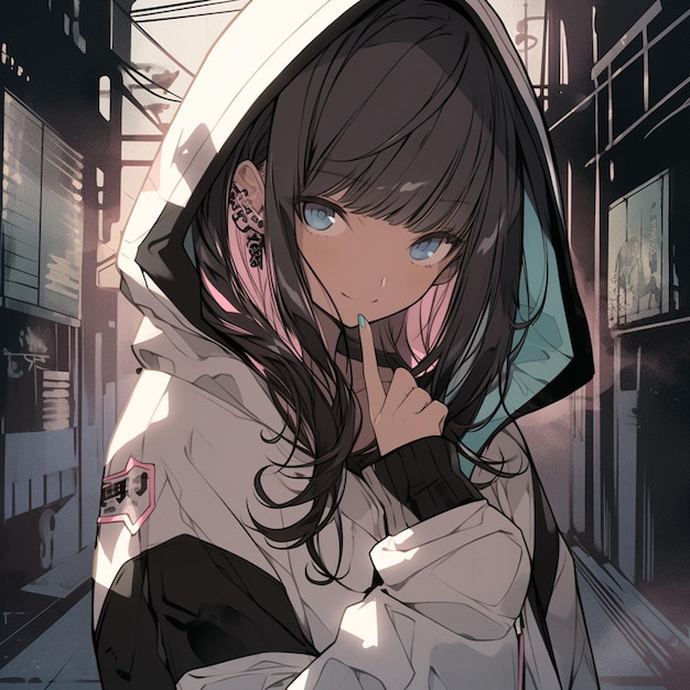 Premium Photo | Anime girl in a hoodie standing in a narrow alley ...