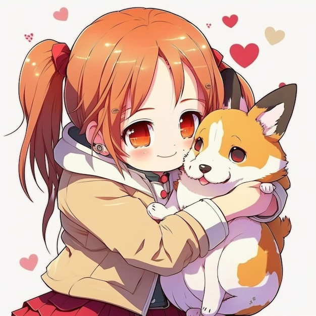 Anime girl hugging a cat with hearts in the background generative ai