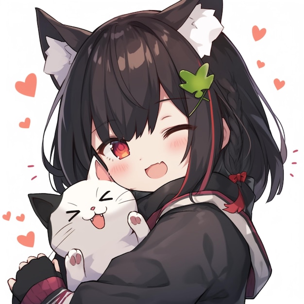 anime girl hugging a cat with a leaf on her head generative ai