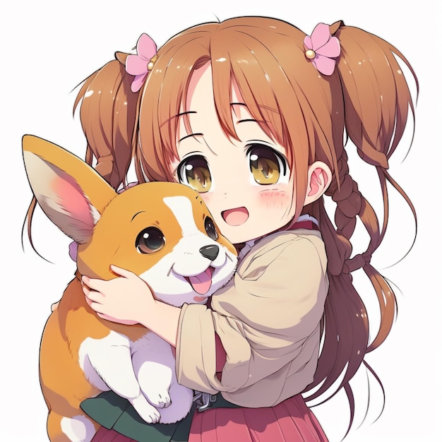 Anime girl hugging a corgi dog with her arms around her generative ai