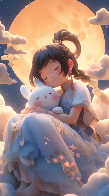 anime girl hugging a white cat in the clouds with a full moon in the background generative ai