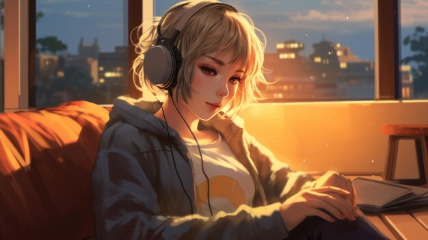 Anime Girl Immersed in the Delight of Lofi Music