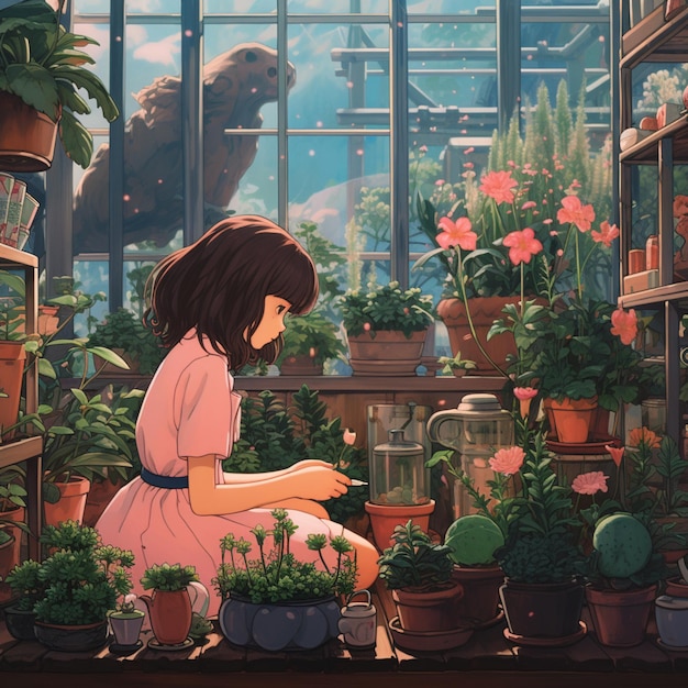 Фото Аниме девушка в теплице с растениями в горшках и медведь генеративный ай