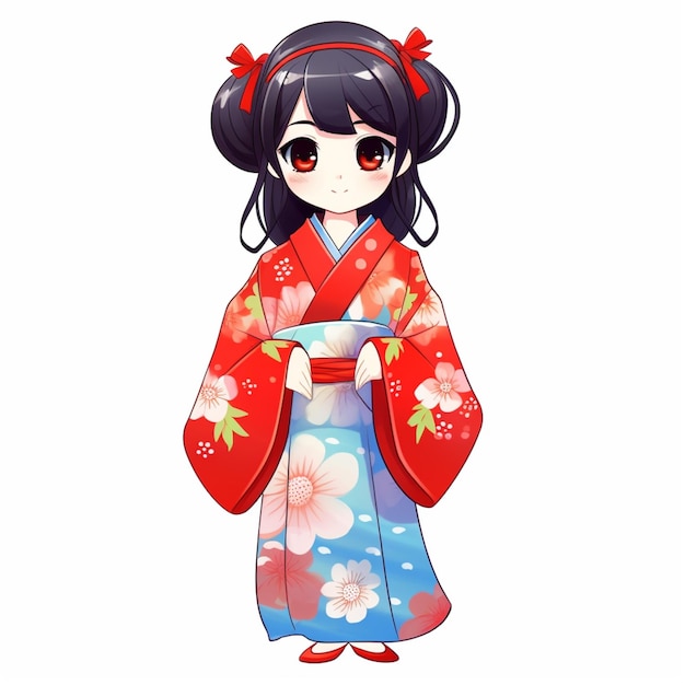 사진 차 한 잔을 들고 있는 키모노 옷을 입은 애니메이션 소녀