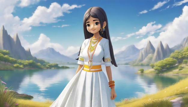 사진 하 드레스를 입은 애니메이션 소녀가 호수 앞에 서 있다
