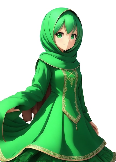 사진 히잡을 쓰고 녹색 드레스를 입은 애니메이션 소녀
