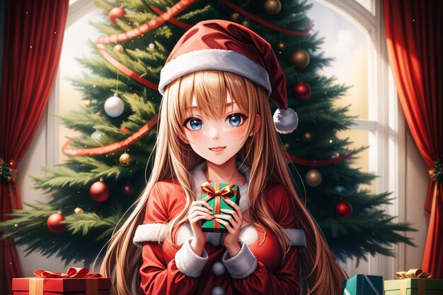 Фото Аниме-девочка в костюме санта-клауса держит в руках небольшой рождественский подарок, сидя на фоне рождественской елки.
