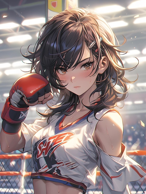 Anime girl in karate style with red gloves