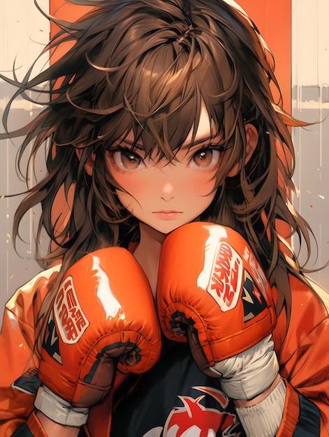 Девушка аниме в стиле каратэ в красных перчатках