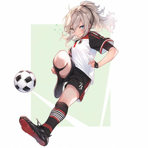 足でサッカー ボールを蹴るアニメの女の子の生成 ai