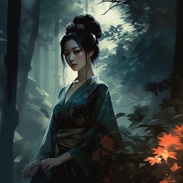 anime girl in a kimono dress standing in a forest generative ai